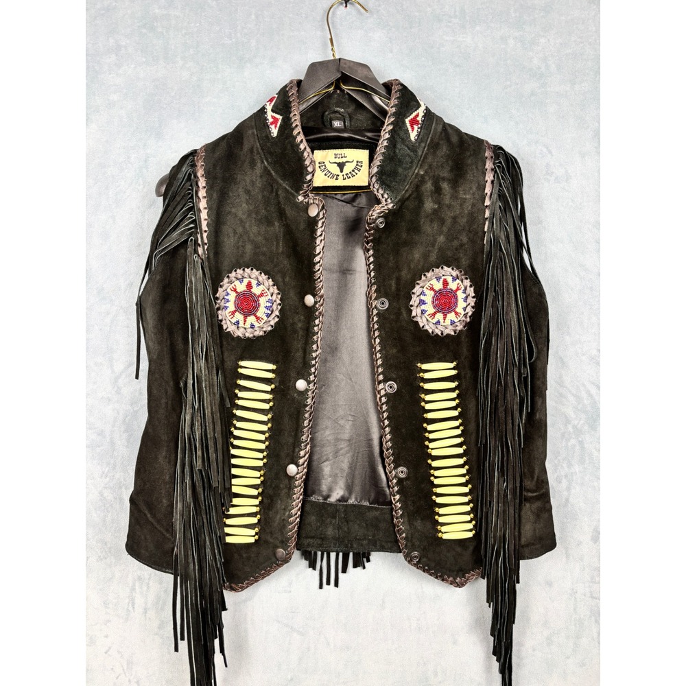 Bull Genuine Leather Western Suede Fringe Vest Beaded Bone Detail Black Youth XL